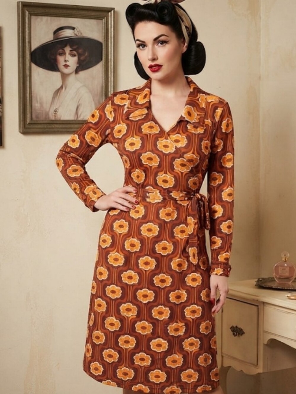 Unique Vintage Brown and Orange Floral Wrap Dress